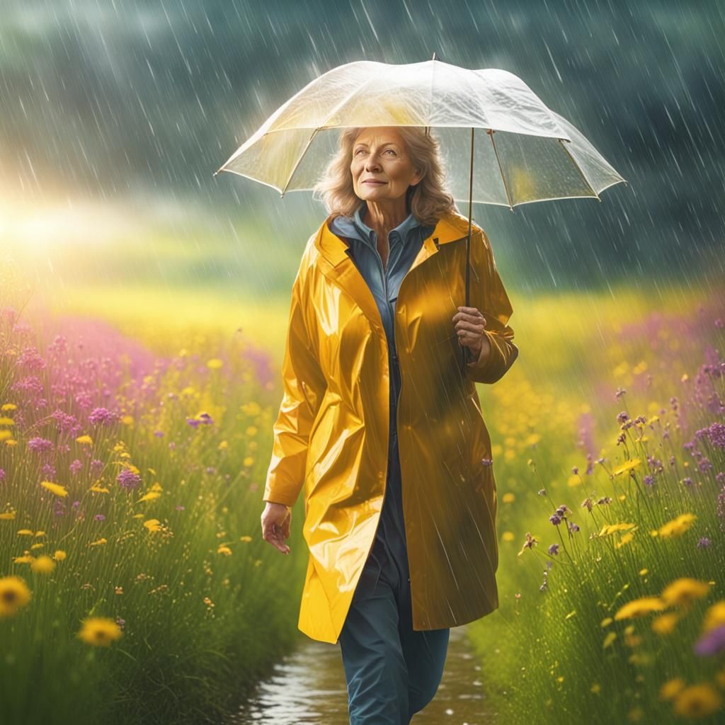 Woman in Yellow Raincoat Steps into Sunlight