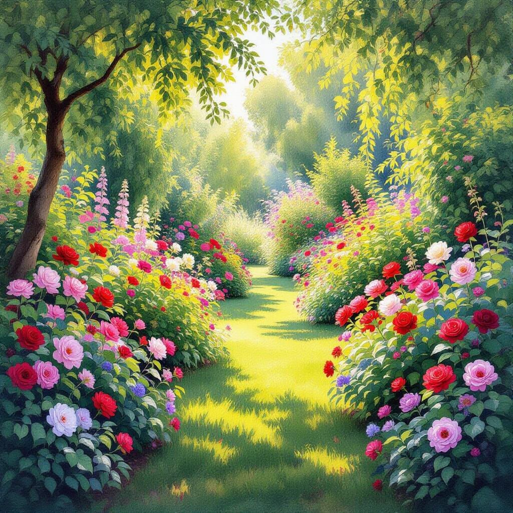 Lush Garden in Full Bloom with Dappled Sunlight