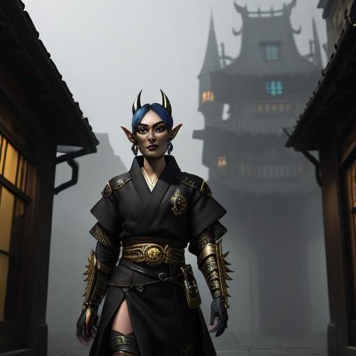 Elf-Orc Cyberpunk Thief in Kimono, Medieval City