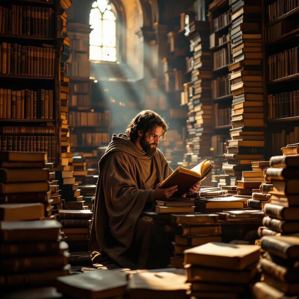 Ancient Library Scene with Scholar in Warm Sunlight
