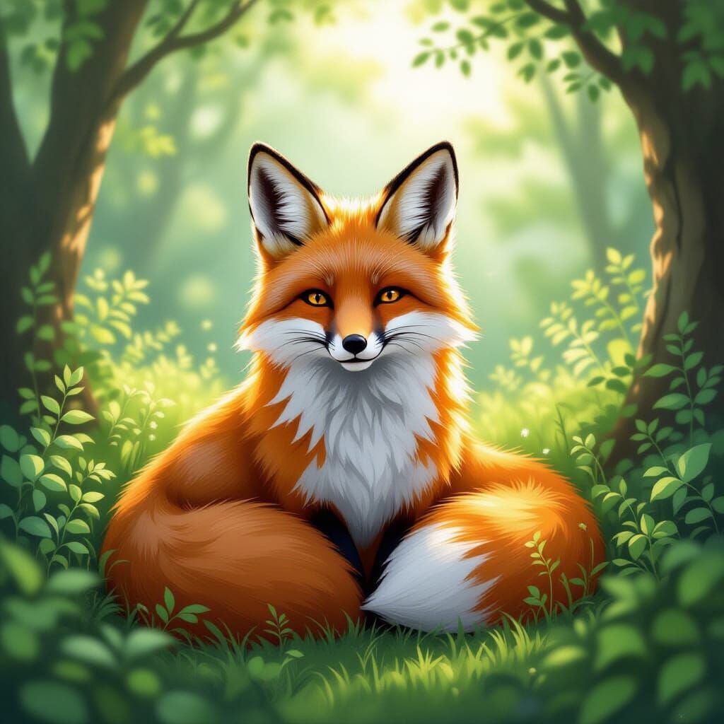 Serene Fox in Lush Greenery: Fantasy Art