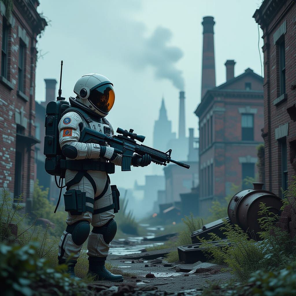 Astronaut Guarding Ruins in Dystopian Landscape