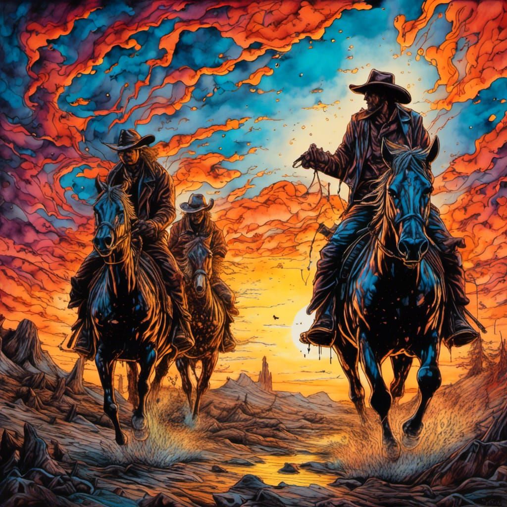 Cowboys Ride into Sunset in Graffiti Art Style