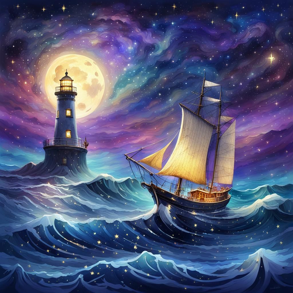 Starry Ocean Sailing Ship in Watercolor Style