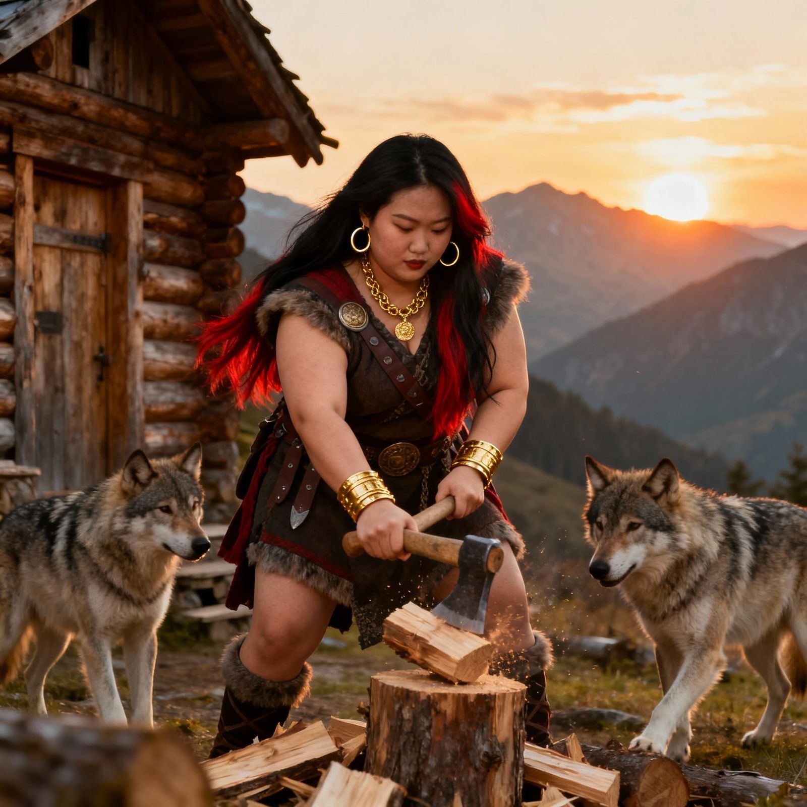 Plus-Size Model in Viking Attire with Wolves at Sunset