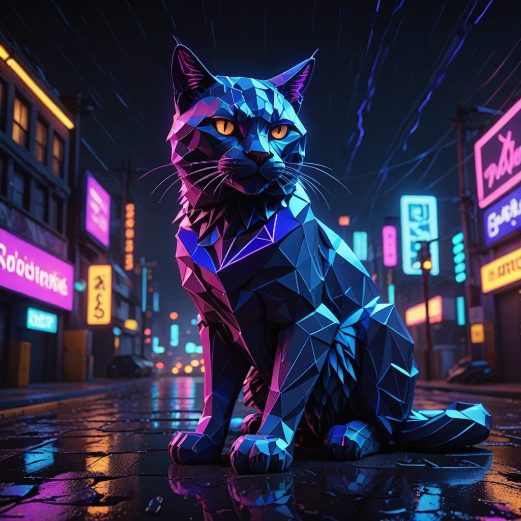 Glowing Low-Poly Cat Dominates Futuristic Cityscape