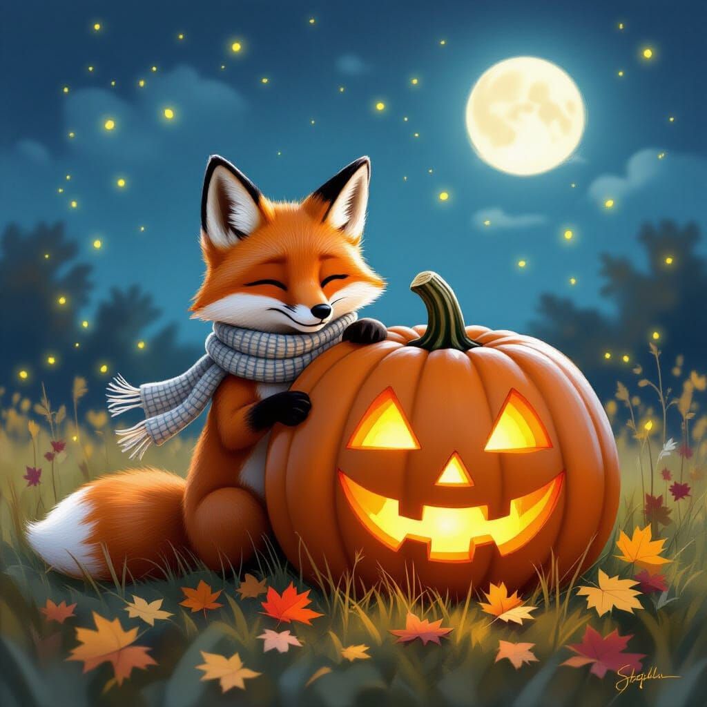 Mischievous Fox Hides Behind Giant Pumpkin in Moonlit Field