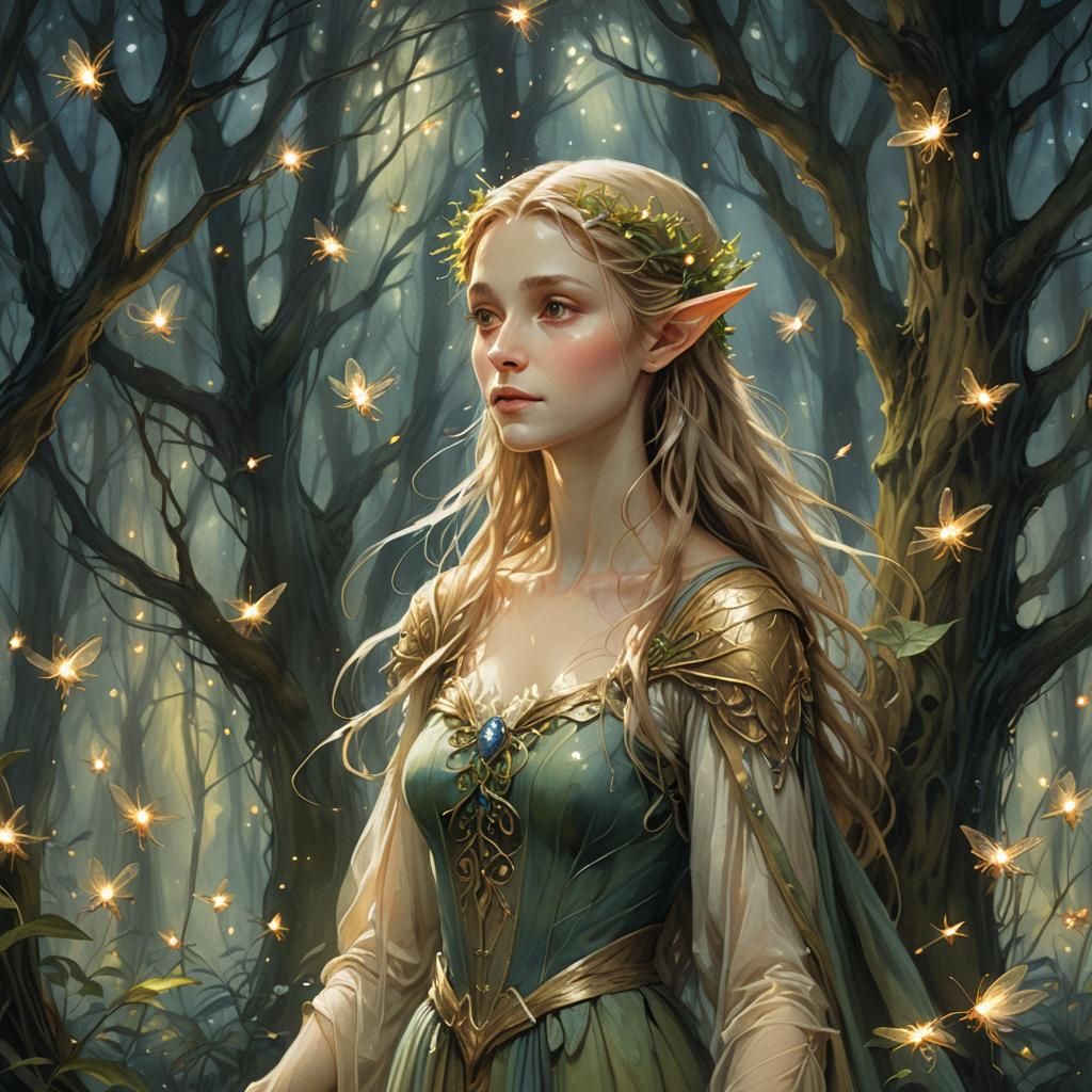 Elegant Elf Maiden in Enchanted Forest