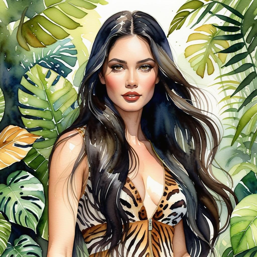 Watercolor Jungle Queen Portrait Storybook Illustration