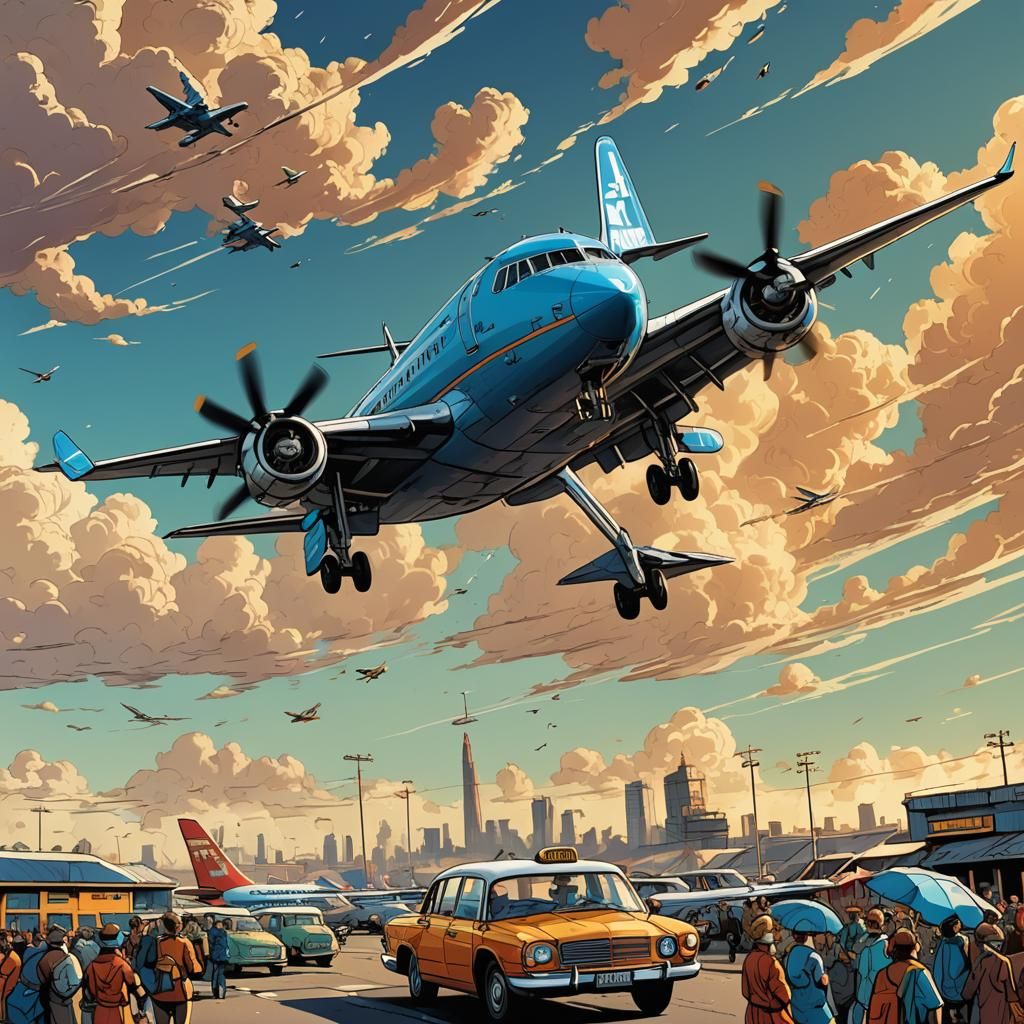 KLM Airplane Landing in Comic Book Style