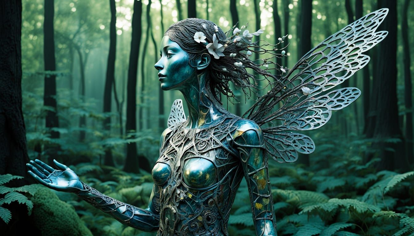 Surreal Goddess Rises from Forest Floor in Iridescent Wings