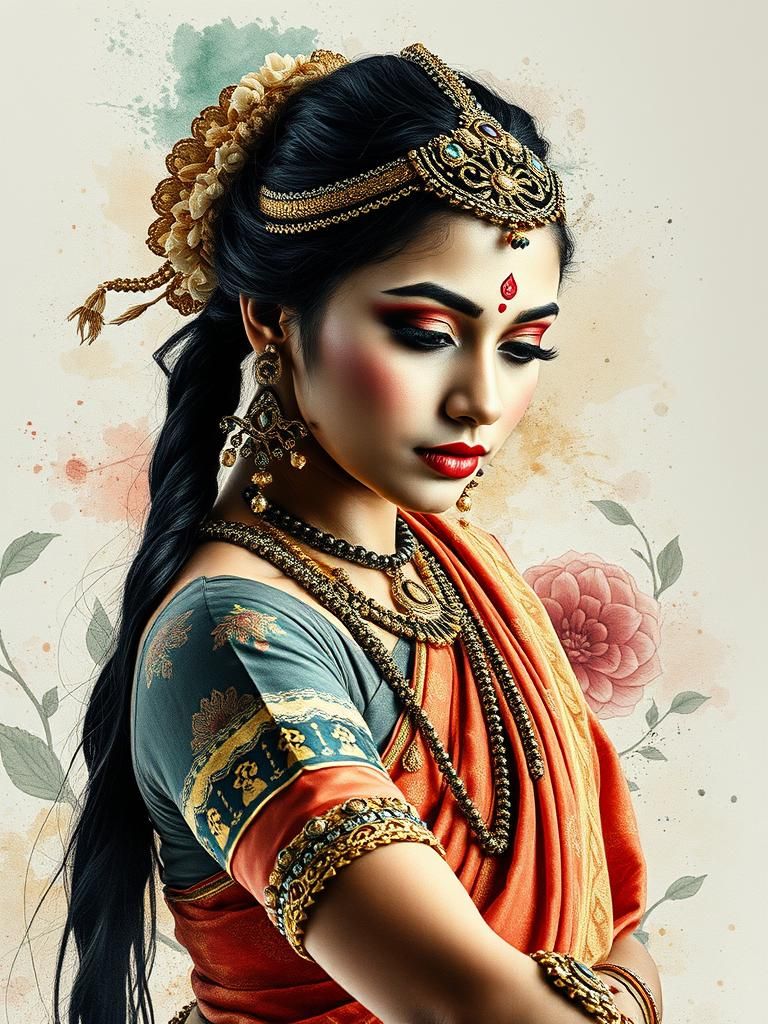 Kathak Dancer Portrait in Watercolor Style