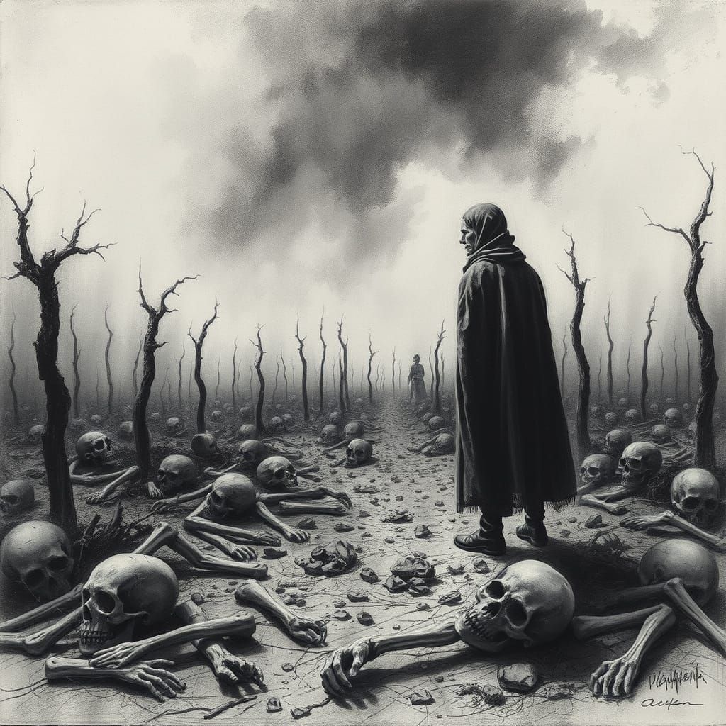Charcoal Drawing of Figure in Desolate Plague Landscape