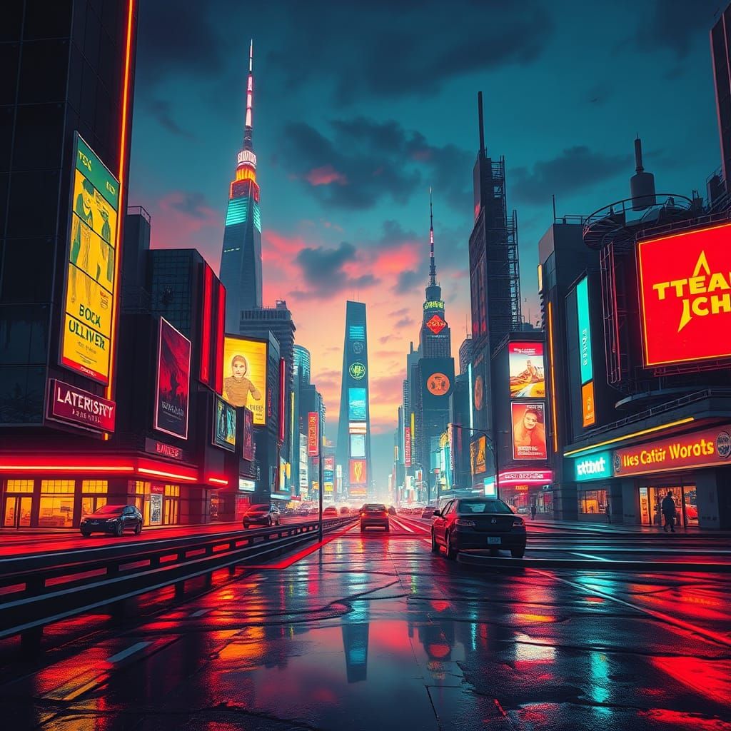 Futuristic Cityscape Illuminated by Fluorescent Lights