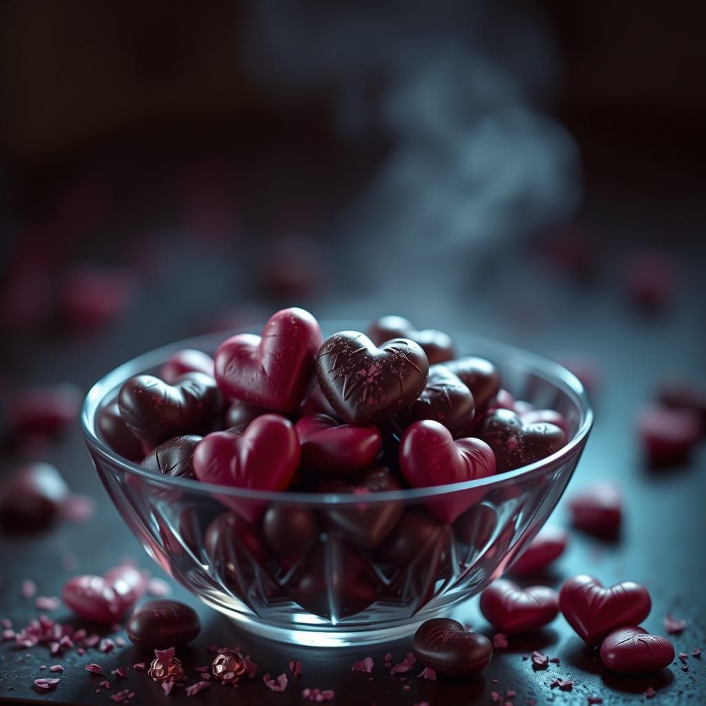 Hyperrealistic Chocolate Hearts in Moody Lighting