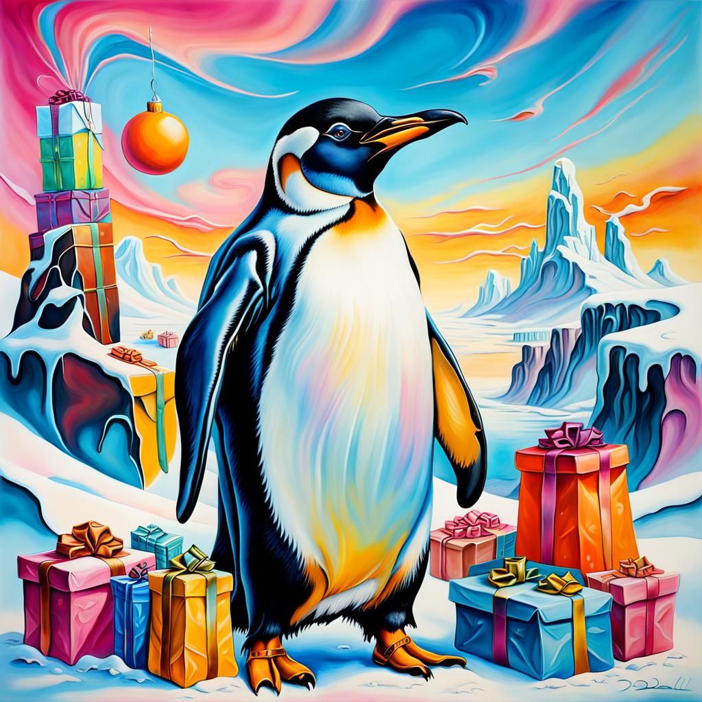 Penguin in Winter Clothes with Gifts, Surreal Oil Painting