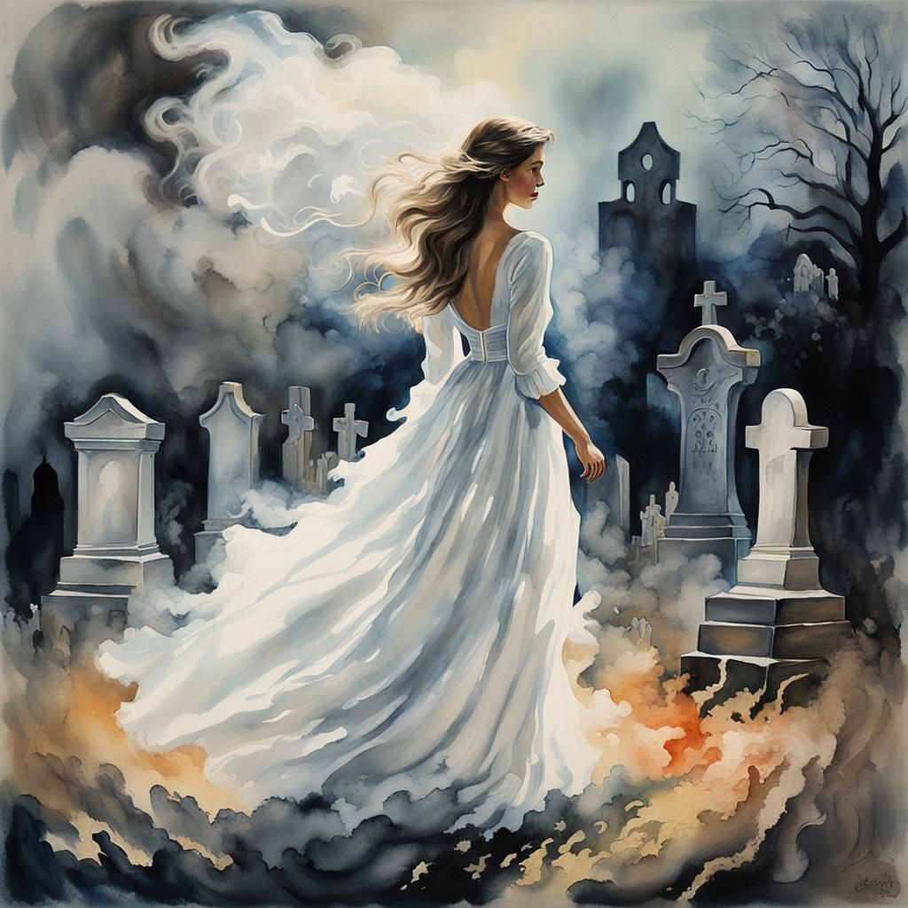 Ethereal Woman in Smoky Graveyard, Impasto Gouache