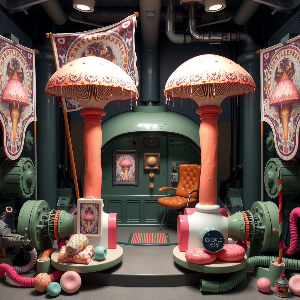 Whimsical Futuristic Landscape with Enormous Mushroom Flags ...