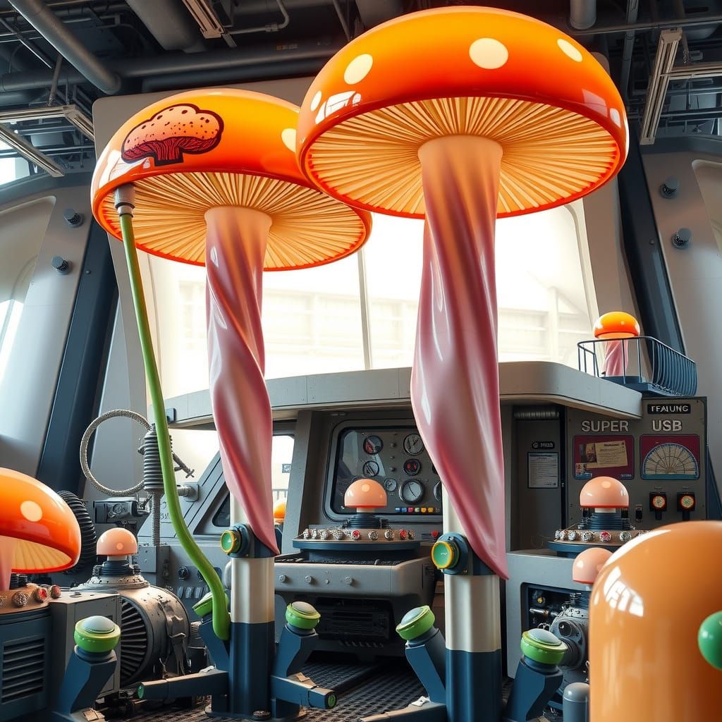 Enchanted Futuristic Landscape with Whimsical Mushroom Archi...