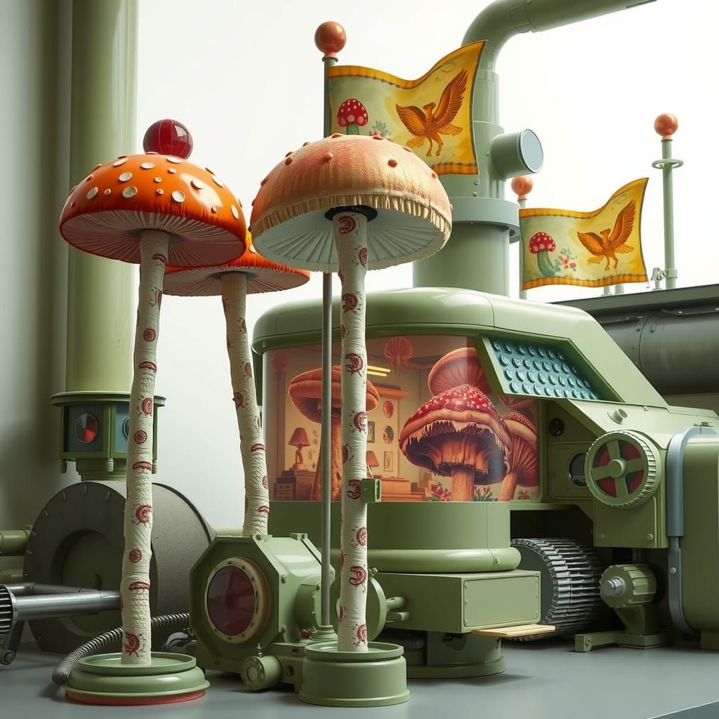 Enormous Hyperreal Mushroom Flags in Whimsical Futuristic Sc...