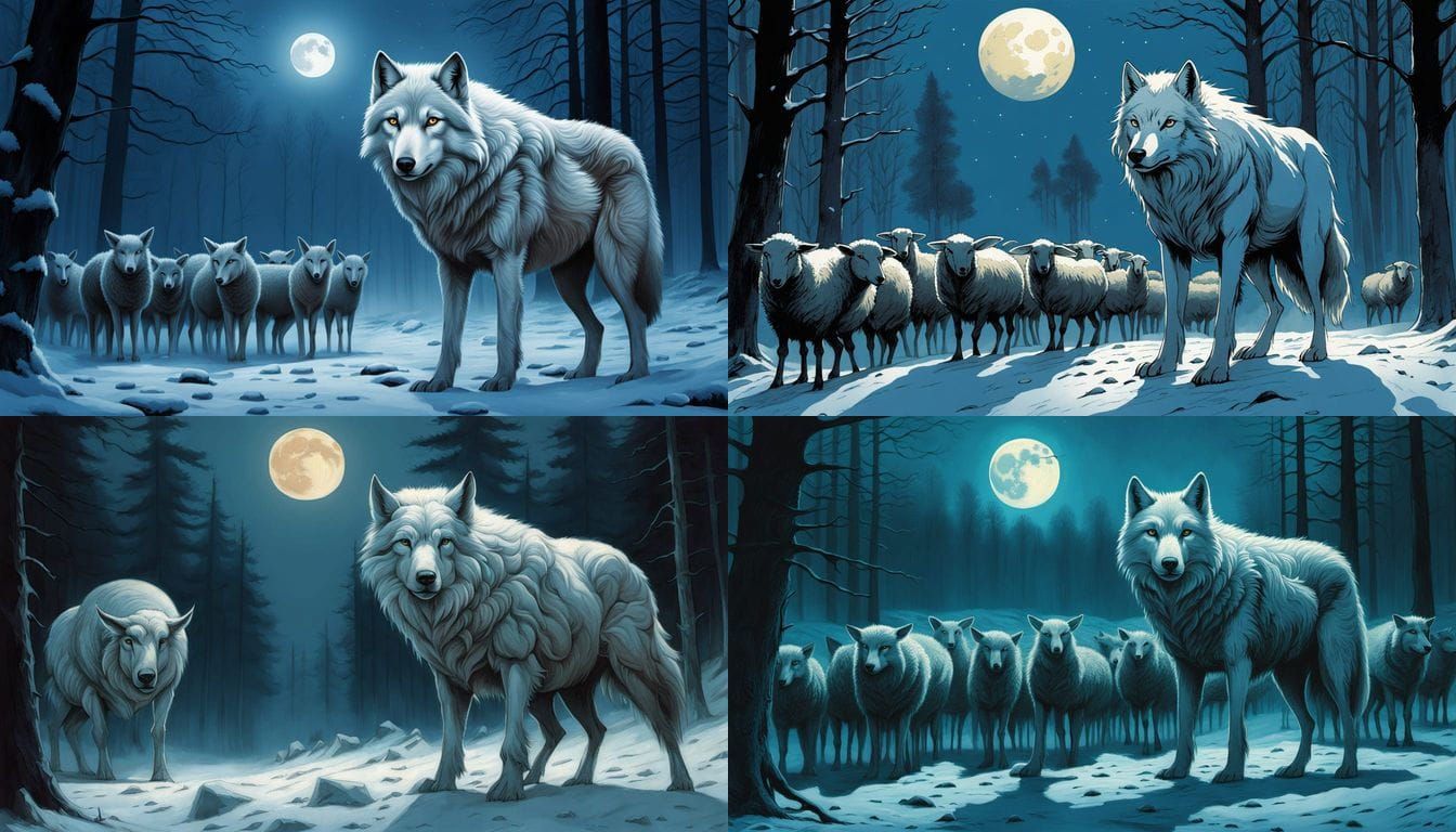 White Wolf in Sheep's Clothing Under Snowy Winter Moonlight