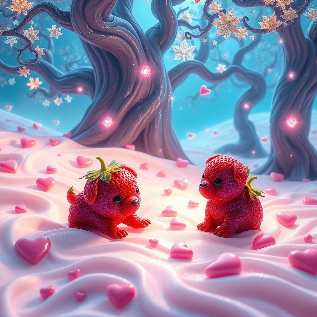 Fantasy Strawberry Puppies in a Whimsical Frosting Landscape
