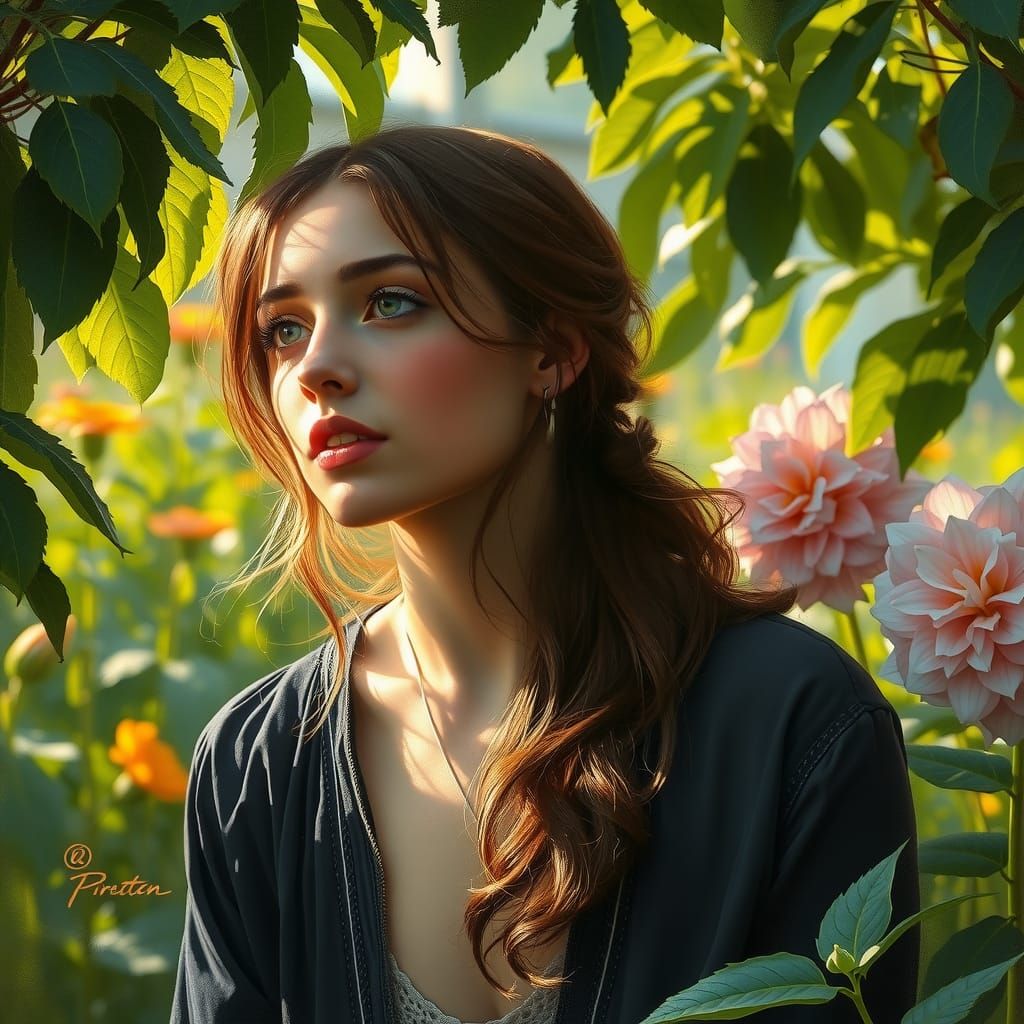 Contemplative Woman in a Lush Pre-Raphaelite Garden