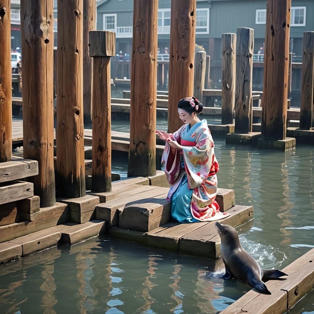 Geisha and Sealion Encounter on Pier 39