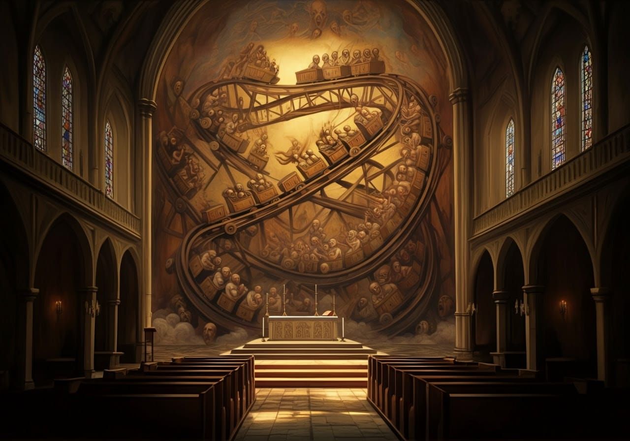 Impressionist Temple Scene with Vibrant Stained Glass