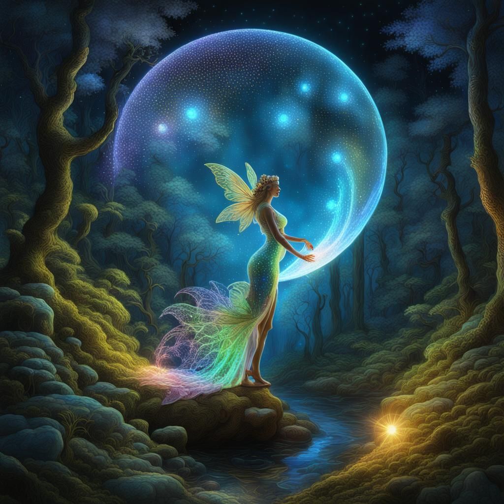 Forest Fairy Light Painting Art with Moon and Stars