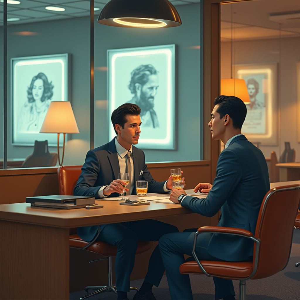 1950s Cyberpunk Office Scene in Neon Glow