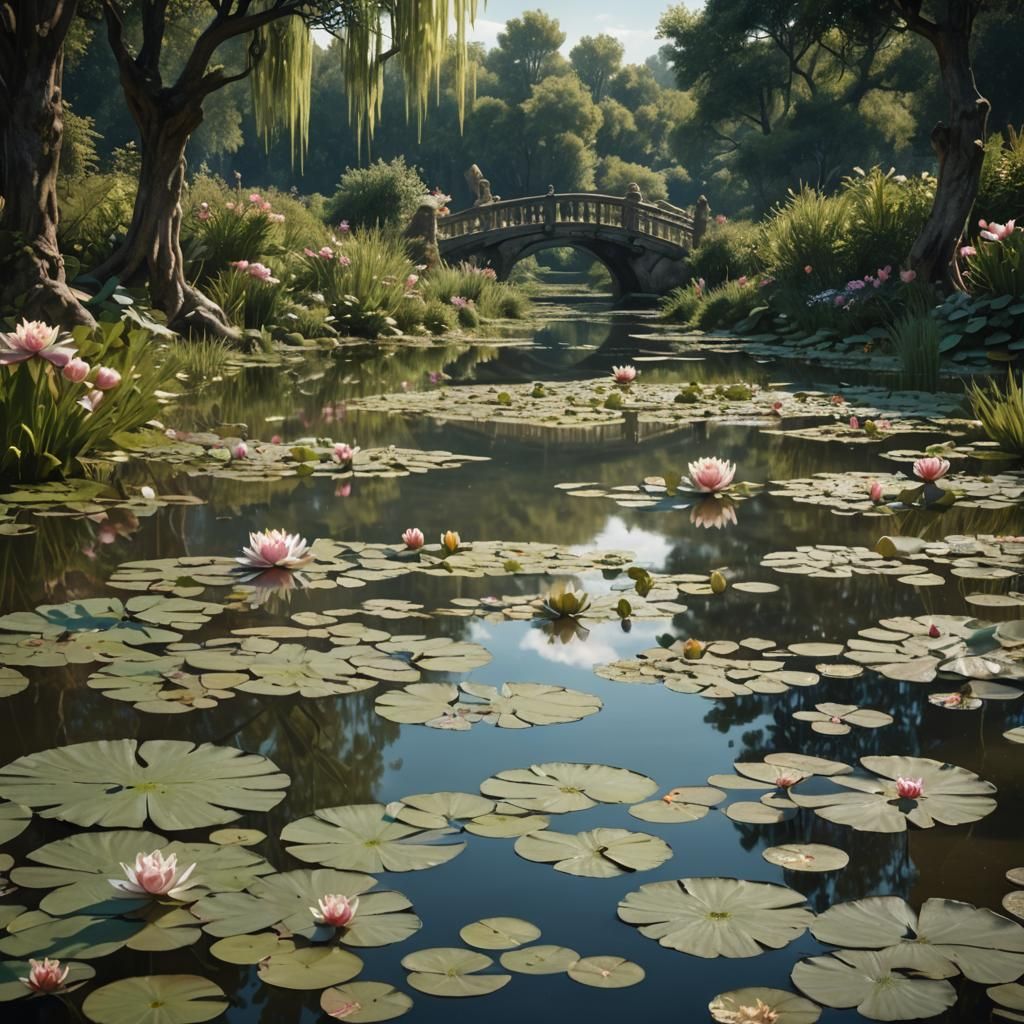 Baroque Pond Reflects Sunlit Scenery