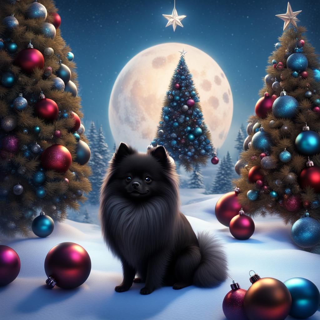 Black Pomeranians in a Fantastical Christmas Scene