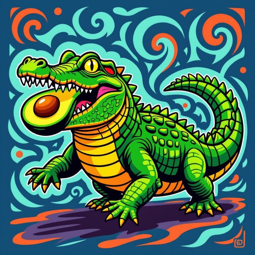 Emerald Crocodile With Avocado In Mouth, Graphic Art Style
