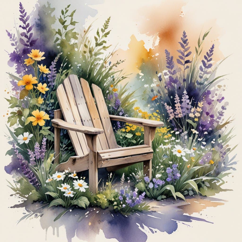 Weathered Adirondack Chair in Watercolor Garden
