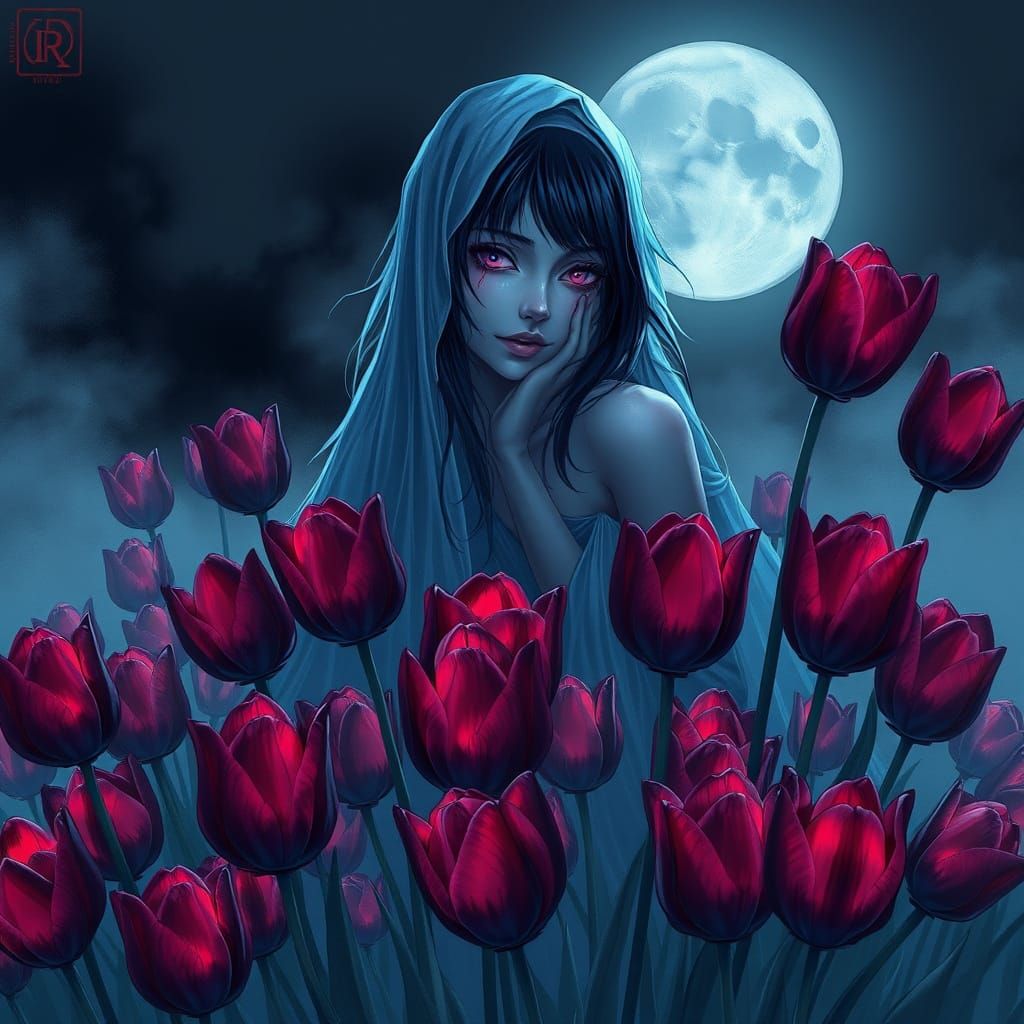 Surreal Ghostly Tulip Scene in Anime Style