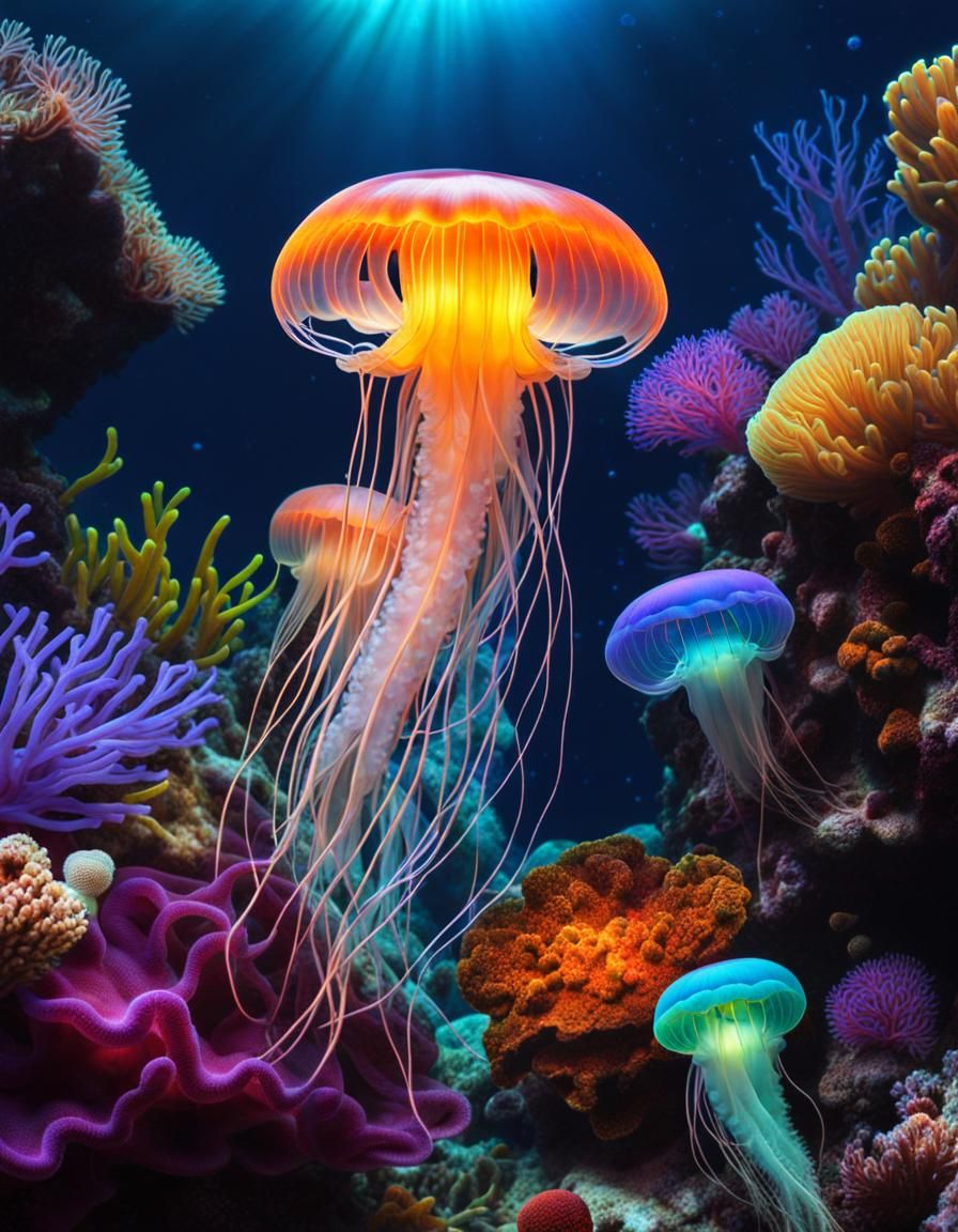 Jellyfish Among Colorful Coral Reef