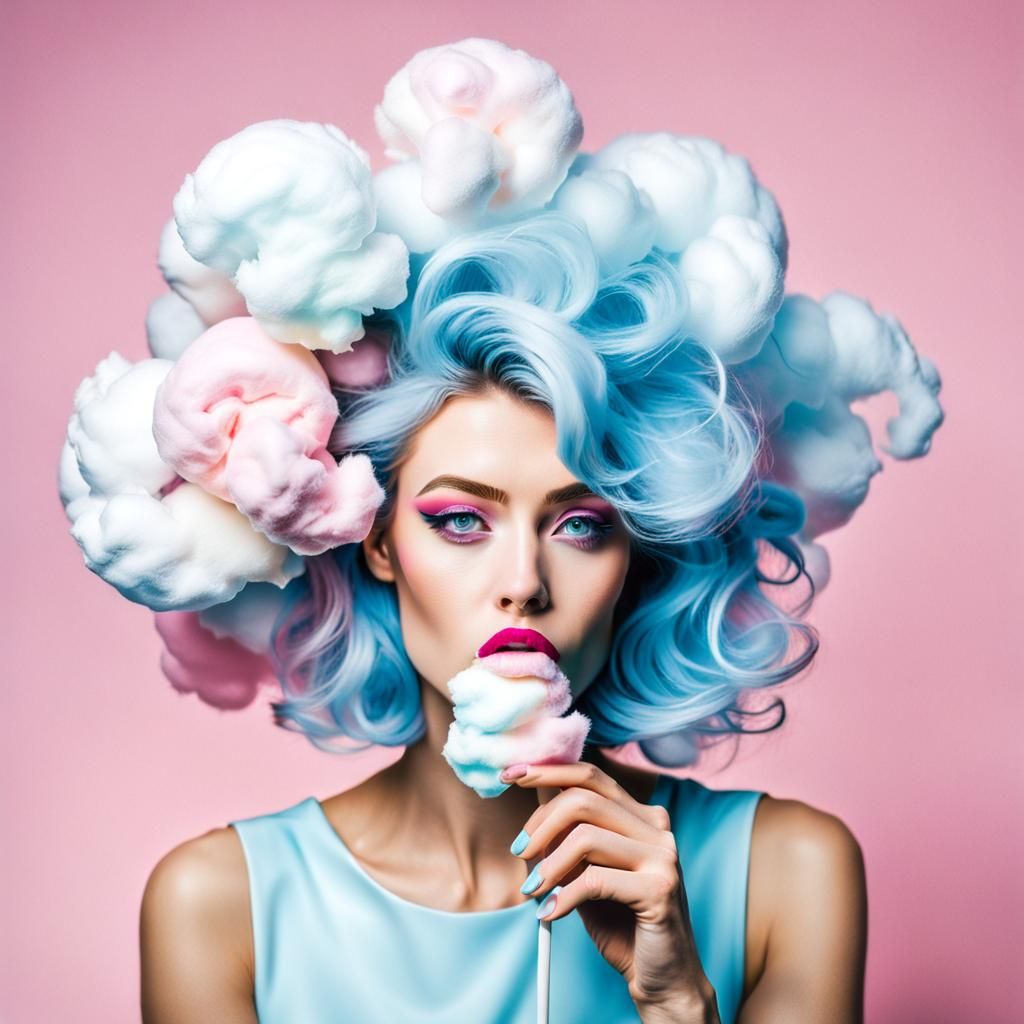 Surreal Young Woman Adorned with Cotton Candy