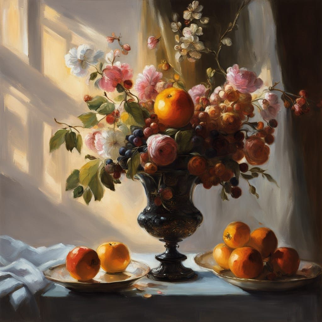 Baroque Still Life with Fresh Fruit and Flowers
