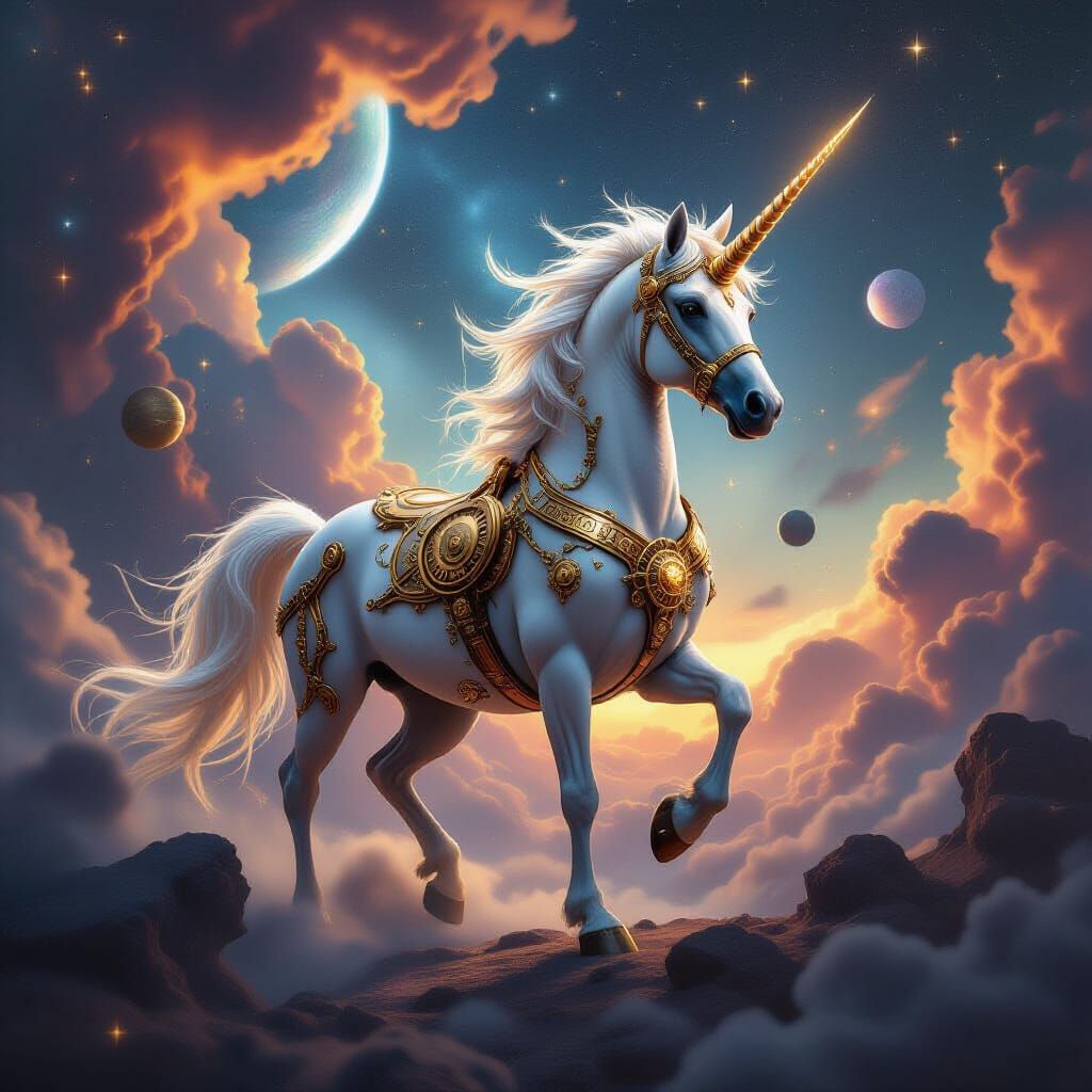 Steampunk Unicorn in Cosmic Nebula Hyperrealistic Fantasy