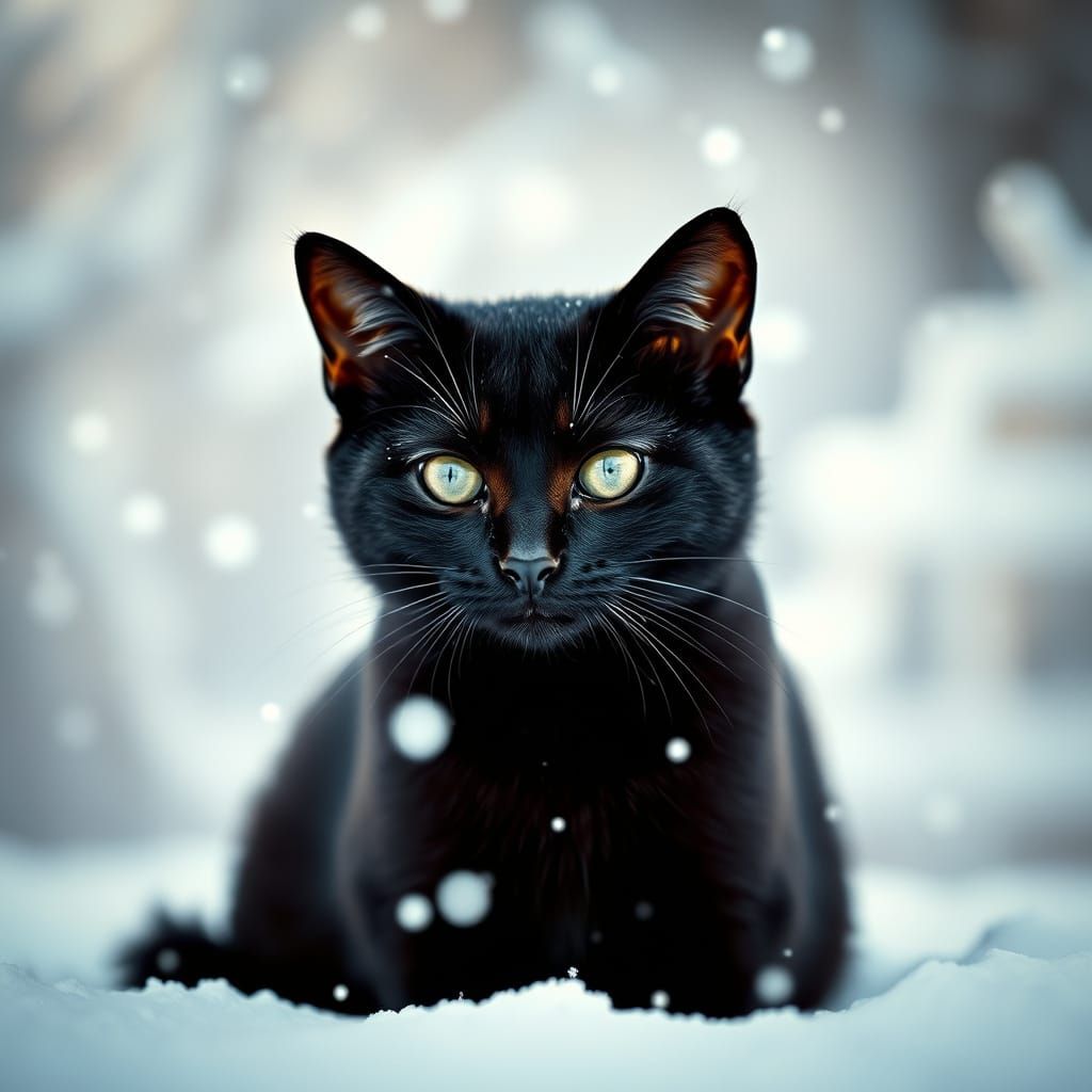 Regal Black Cat in Winter Wonderland