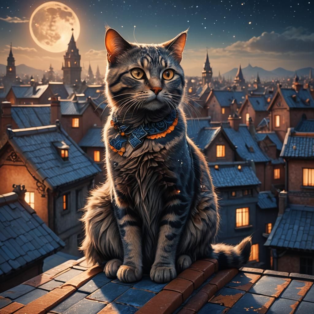 Mystical Cat on Rooftop in Detailed Matte Painting