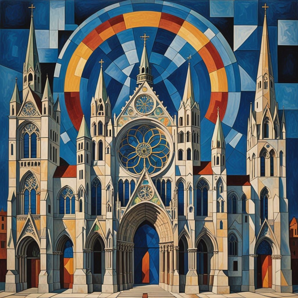 Cubist Chartres Cathedral with Geometric Stone Carvings