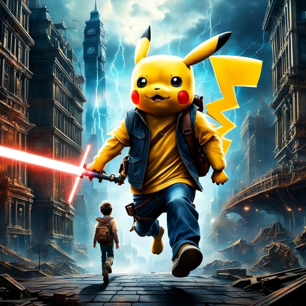 Percy Jackson and Giant Pikachu in Steampunk World