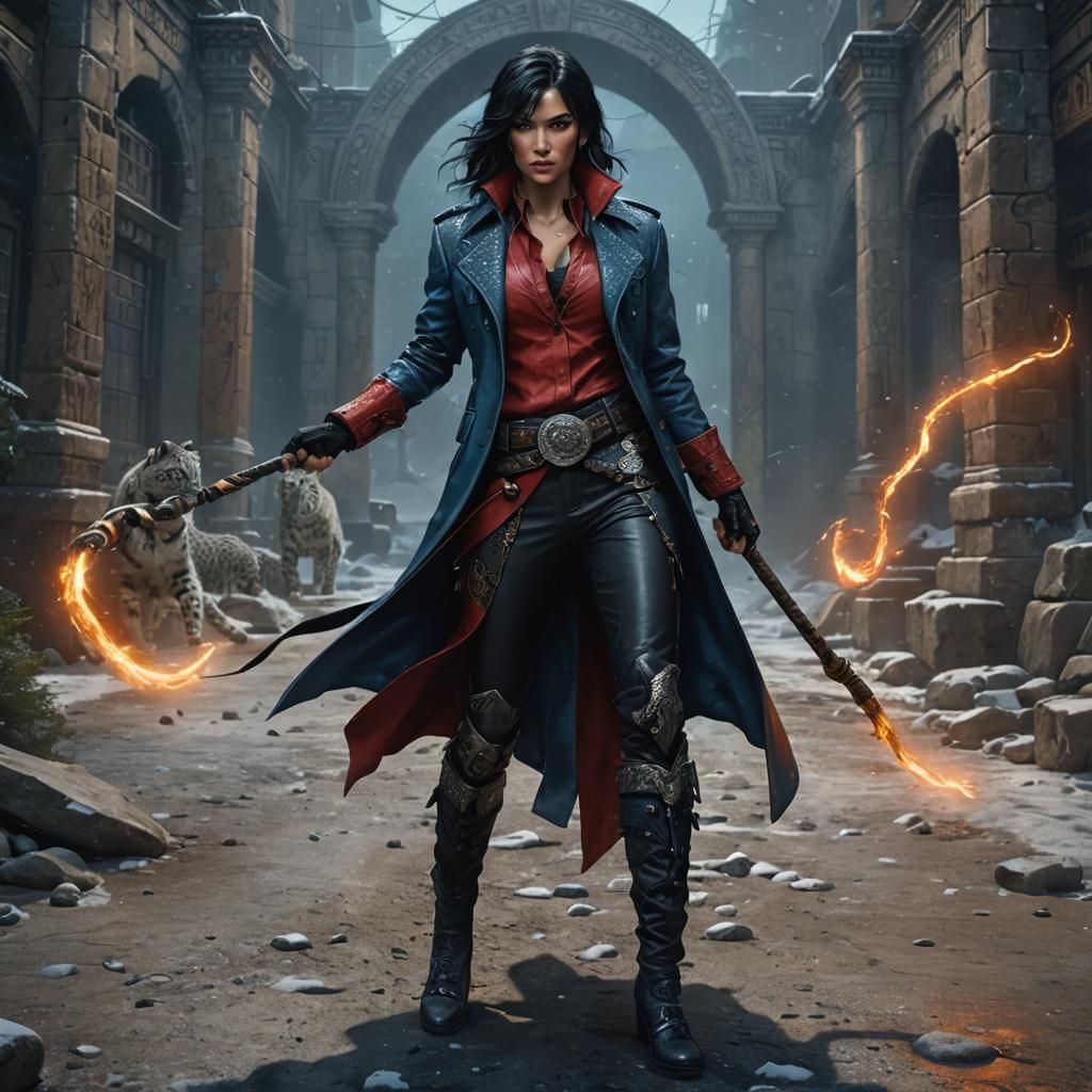 Boxer Woman with Snow Leopards in Detailed Matte Painting