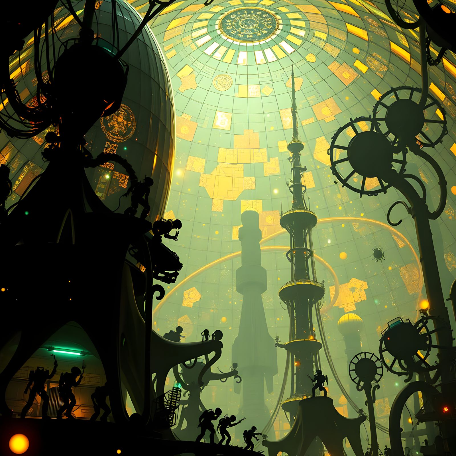 Robot Builders Constructing Mosaic Dome in Futuristic Style