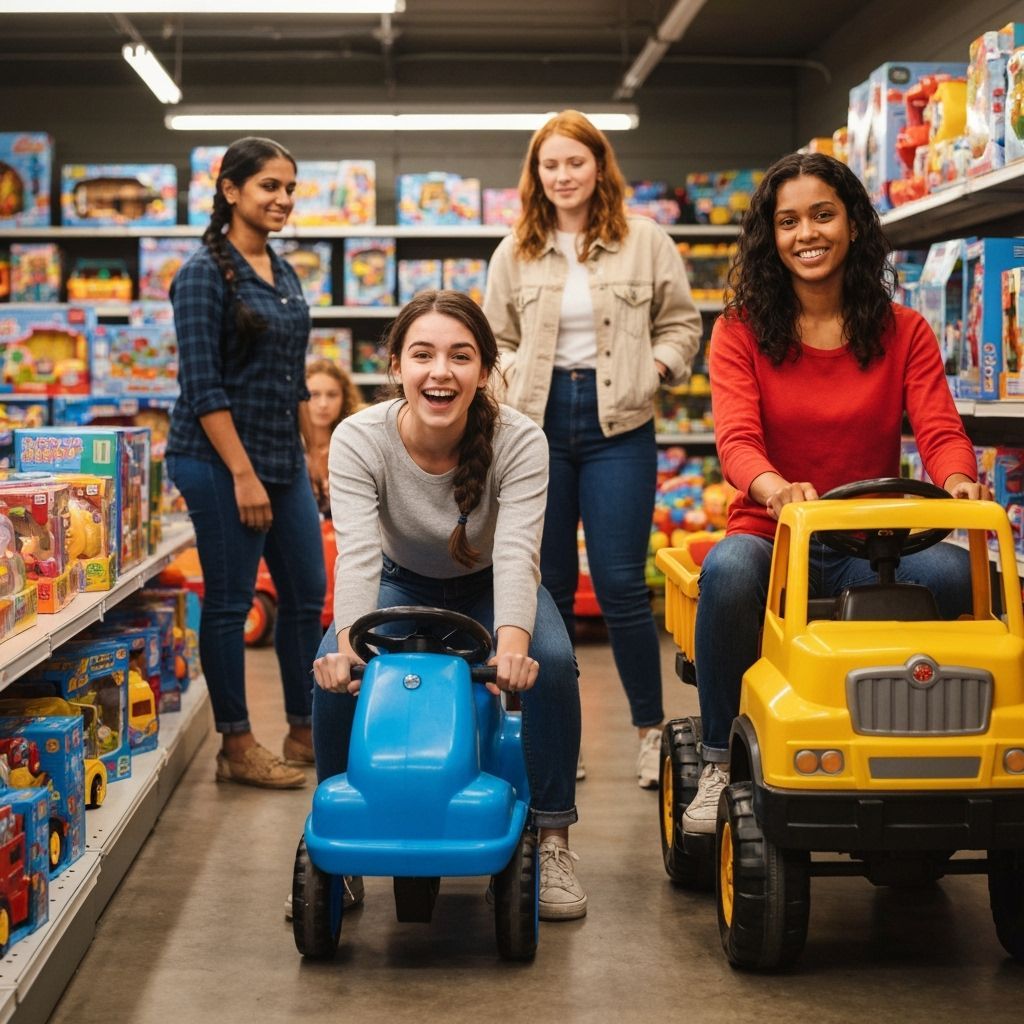 Women Ride Toys in Vibrant Toy Store