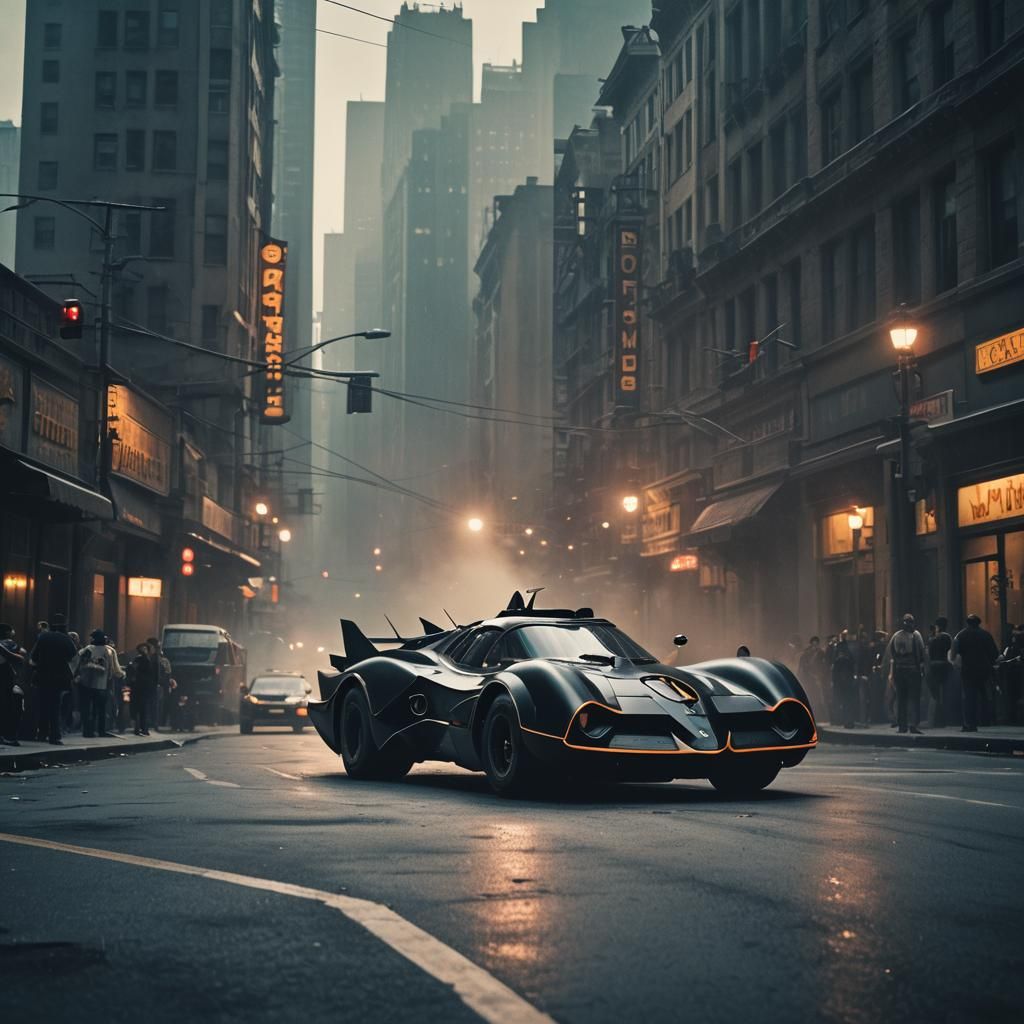 Cinematic Batmobile Film Still in Dramatic Lighting