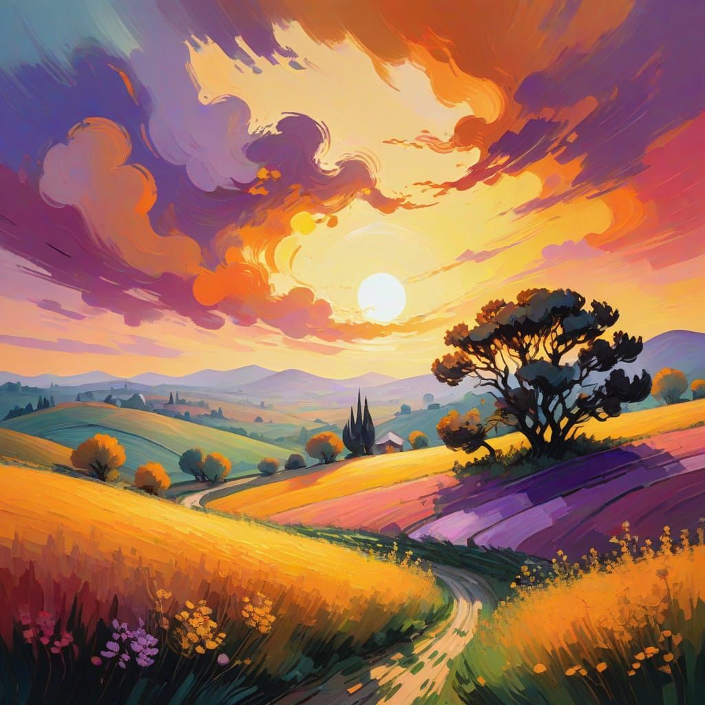 Warm Sunrise Landscape in Abstract Expressionism Style