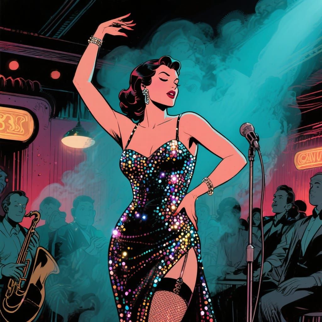 Vintage Cabaret Dancer in Smoky Jazz Club, Comic Book Art